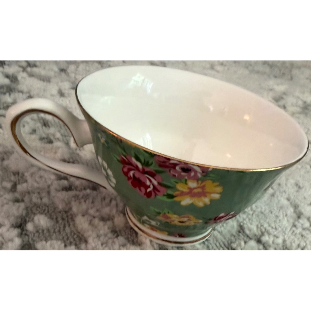 Gracie China Coastline Imports Sage Green Floral Chintz Gold Trim Tea Cup